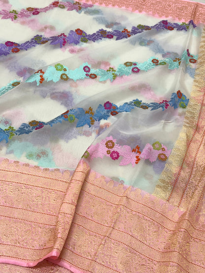 Pearl White/Candy Pink Pure Mulberry Kora Organza Silk Handwoven - Kadhwa Technique Elegant Modern Banarasi Saree | Effortless Drape