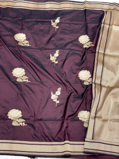 Wine Pure Katan Mulberry Silk Handwoven Modern Banarasi Saree With Kadhwa Artistry