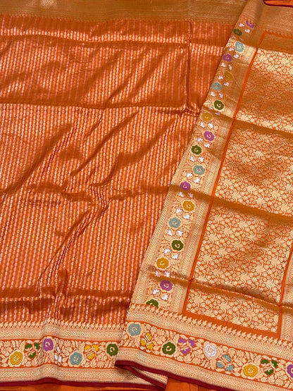 Orange Handwoven Pure Mulberry Katan Silk | Kadhwa Technique | Contemporary Banarasi Saree - Six Yards, Elevated