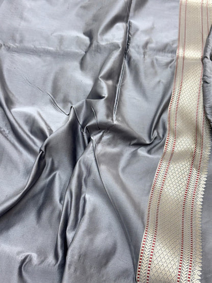 Gray Pure Mulberry Satin Silk Handwoven | Kadhwa Weave | Banarasi Tachoi Saree - Heritage In A New Light