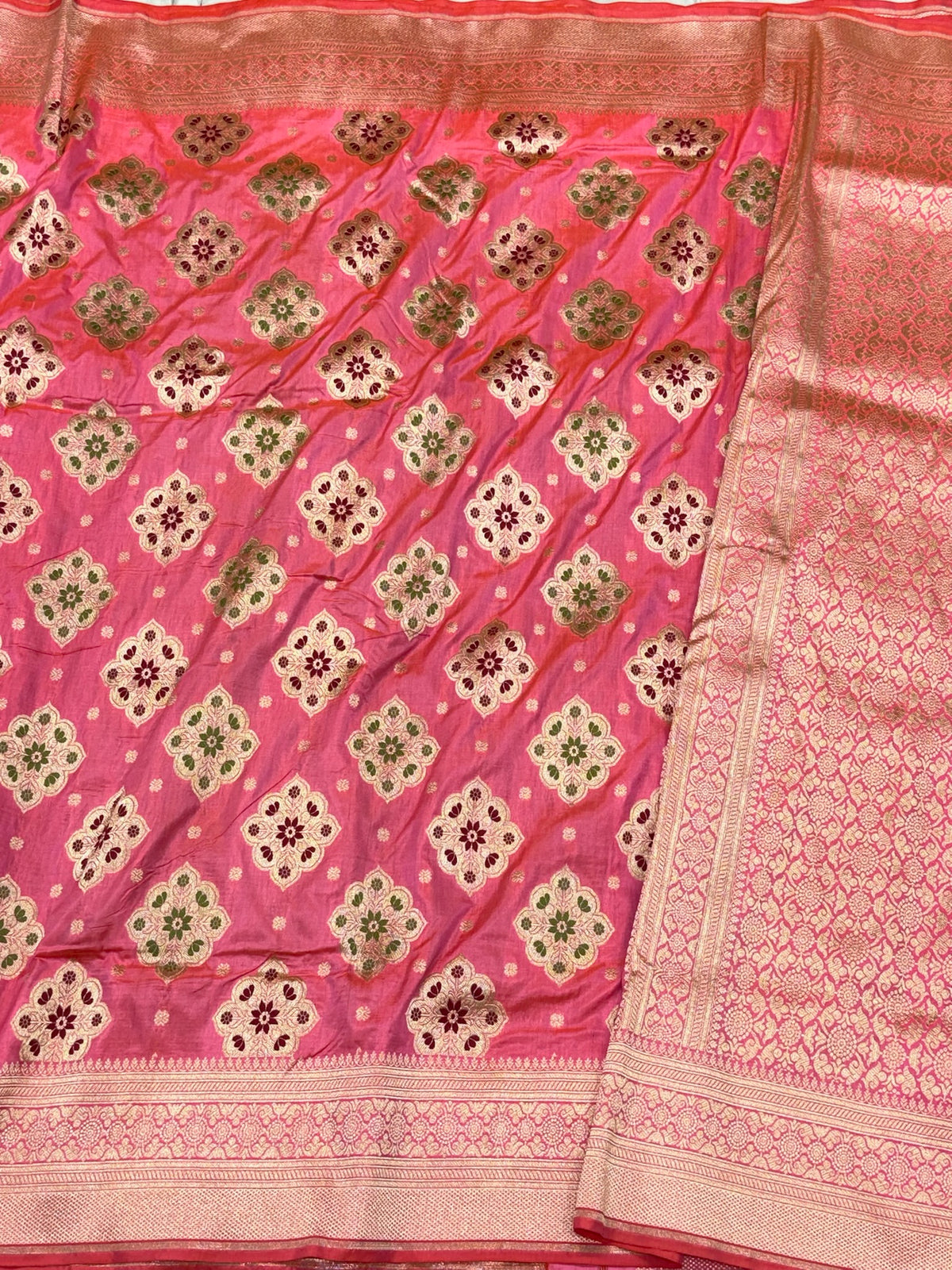 Peach Pink Pure Katan Mulberry Silk Handloom Authentic Banarasi Saree - Meenakari