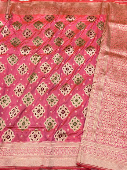 Peach Pink Pure Katan Mulberry Silk Handloom Authentic Banarasi Saree - Meenakari