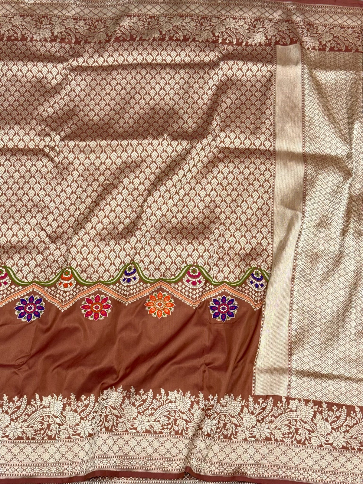Brown Exclusive Banarasi Contemporary Saree | Pure Katan Mulberry Silk - Kadhwa Technique Handwoven Banarasi Saree