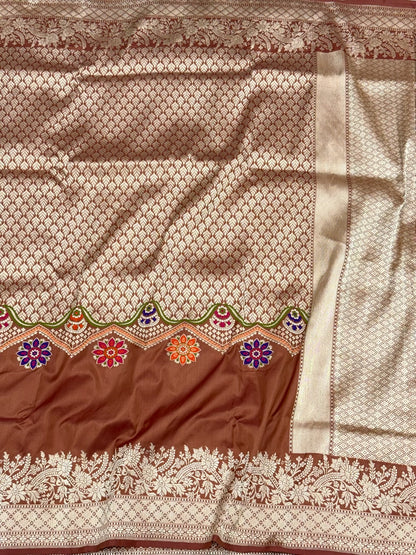 Brown Exclusive Banarasi Contemporary Saree | Pure Katan Mulberry Silk - Kadhwa Technique Handwoven Banarasi Saree
