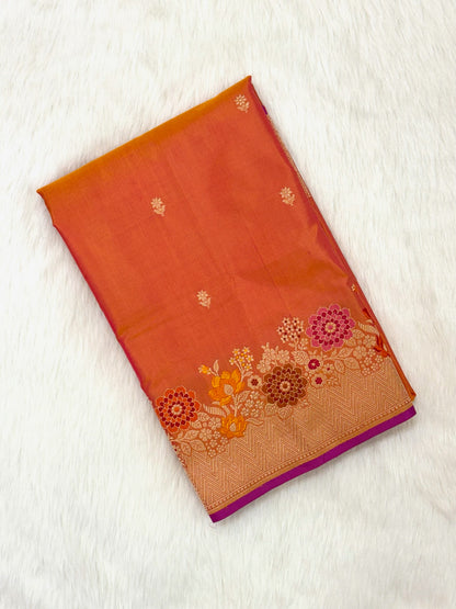 Yellowish Orange Pure Katan Silk Handwoven Banarasi Saree |Kadhuwa Weave|