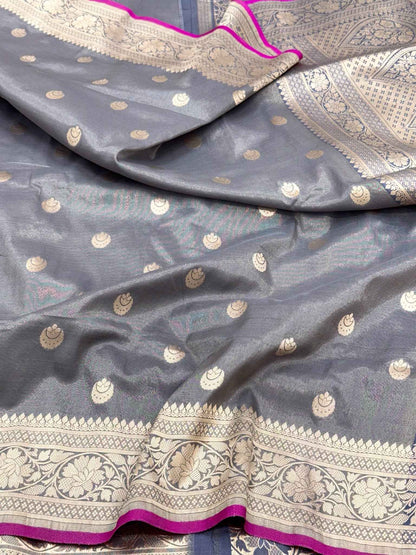 Gray Pure Mulberry katan Silk handloom Banarasi Saree