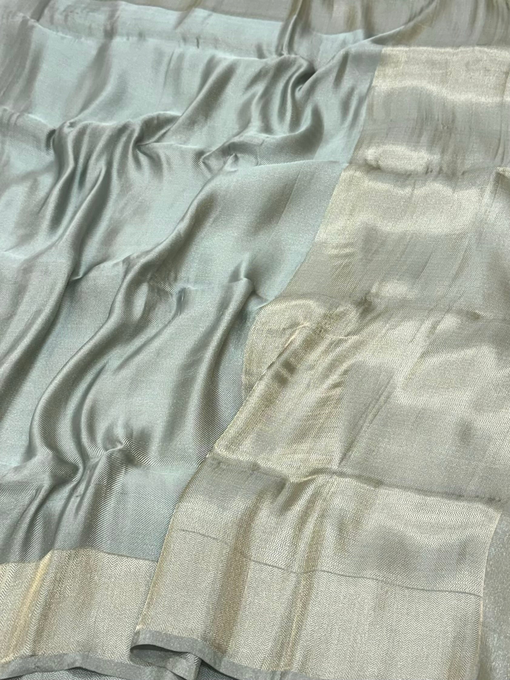 Dusty Teal Green Silk Handwoven Double Silk Tissue Contemporary Banarasi Saree