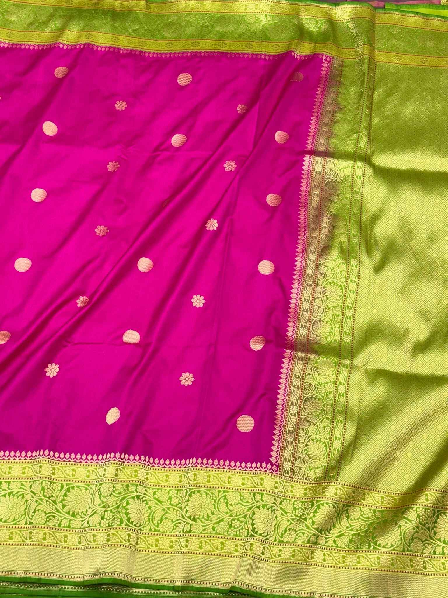Hot Pink Pure Katan Mulberry Silk | Kadhwa Weave | Authentic Handwoven Premium Banarasi Saree