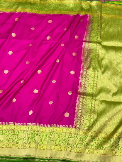 Hot Pink Pure Katan Mulberry Silk | Kadhwa Weave | Authentic Handwoven Premium Banarasi Saree