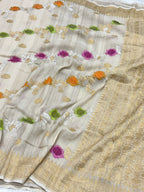 Ivory Tussar Georgette Handwoven Silk Saree