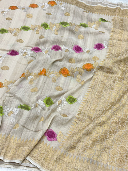 Ivory Pure Tussar Georgette Handwoven Banarasi Silk Saree
