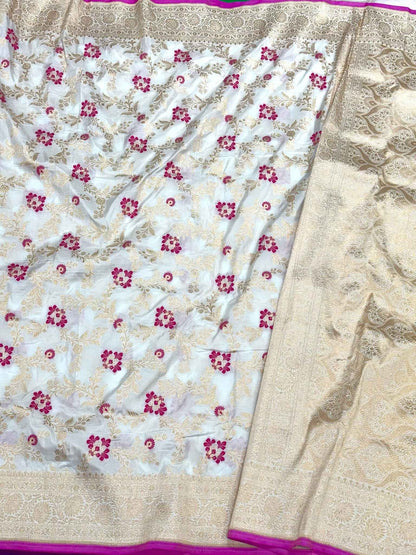 Pearl White Handloom Banarasi Saree with Pure Katan Mulberry Silk