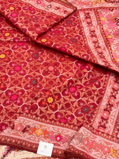 Red Pure Muslin Cotton Jamdani Handloom Banarasi Saree |Ektara Weave|