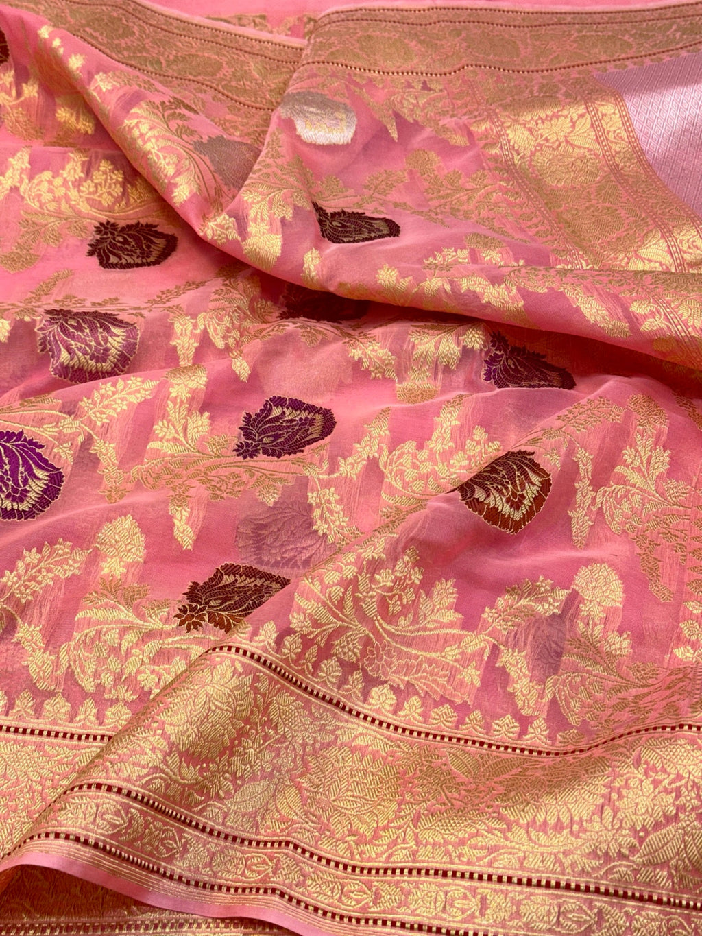 Peach Pink Pure Kora Organza Silk Handwoven Banarasi Saree