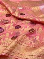 Peach Pink Pure Kora Organza Silk Handwoven Banarasi Saree