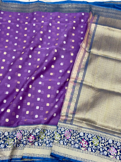 Violet Pure Mulberry Kora Silk Handwoven Banarasi Saree - Modern Drape Lightweight Banarasi Saree