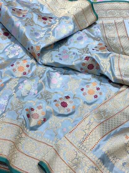 Ice Blue Pure Mulberry Silk & Pure Double Katan Silk Handwoven Premium Banarasi Saree with Kadhwa Weave