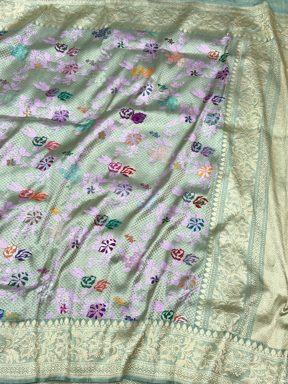 Light Sea Green Pure Katan Silk & Mulberry Silk Handwoven | Kadhwa Technique | Premium Luxury Banarasi Brocade Saree