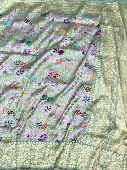 Light Sea Green Pure Katan Silk & Mulberry Silk Handwoven | Kadhwa Technique | Premium Luxury Banarasi Brocade Saree