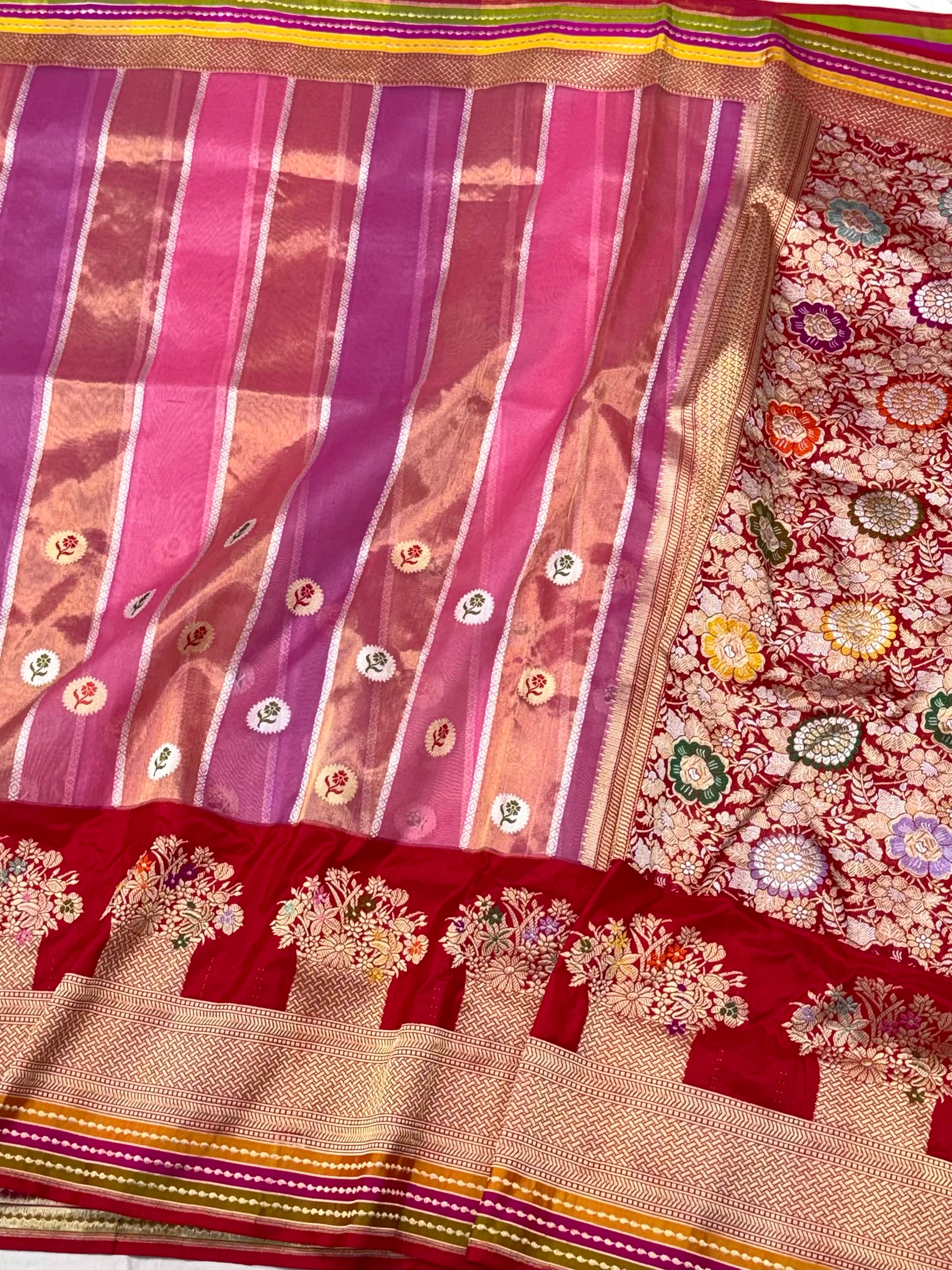 Red Pure Mulberry Kora Silk  Handwoven Banarasi Saree