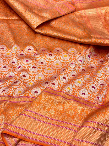 Orange Pure Mulberry Katan Silk Handwoven Banarasi Saree | Brocade|
