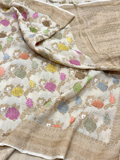 Ivory Pure Tussar Georgette Handwoven Banarasi Silk Saree