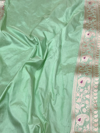 Pista Green Pure Katan Mulberry Silk Handloom Banarasi Brocade Saree