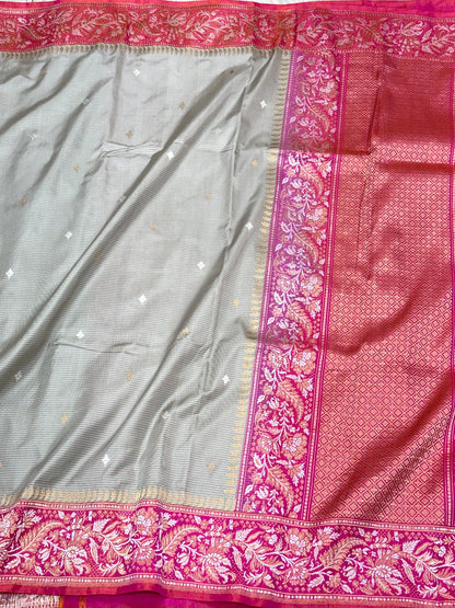 Gray Handwoven | Kadhwa + Kadhiyal Technique | Banarasi Saree - Pure Mulberry Double Katan Silk Ektara Banarasi Saree