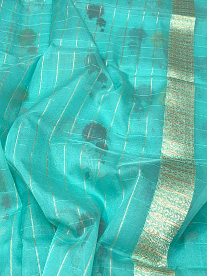 Turqoise Blue Pure Kora Organza Silk Jamdani | Ektara Kadhwa Technique | Handwoven Banarasi Saree - New Era Of Elegance
