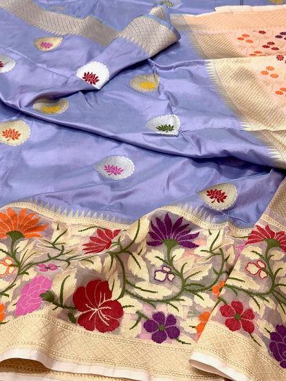 Lavender Pure Mulberry Katan Silk | Kadhwa + Kadhiyal Technique | Handwoven Banarasi Saree