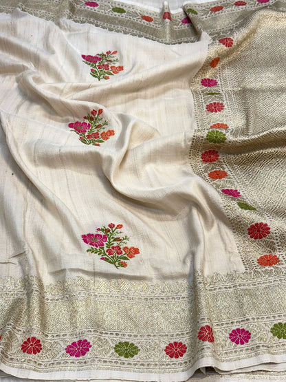 Ivory Pure Tussar Georgette Silk Handwoven Banarasi Saree