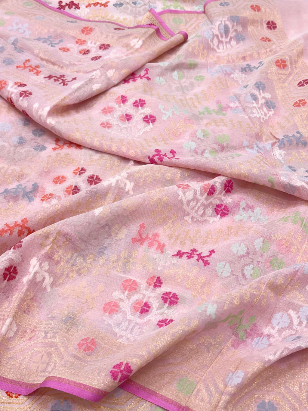 Baby Pink Pure Muslin Cotton Jamdani Handloom Banarasi Dupatta