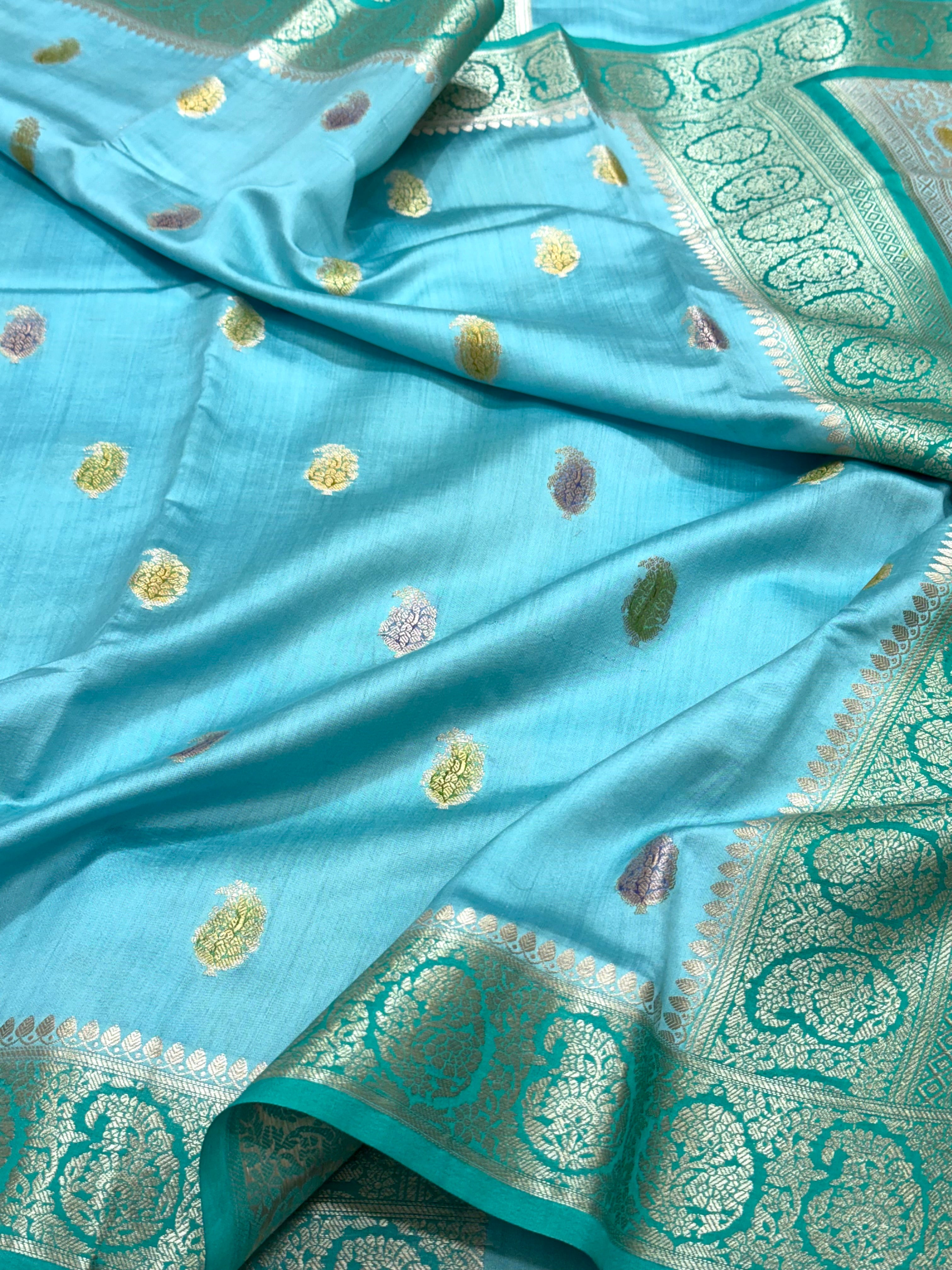 Sky Blue Pure Mulberry Chiniya Silk Lightweight Banarasi Saree