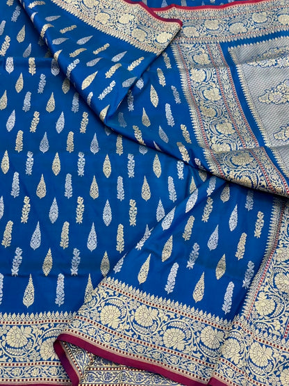 German Blue Pure Katan Silk Handwoven Saree