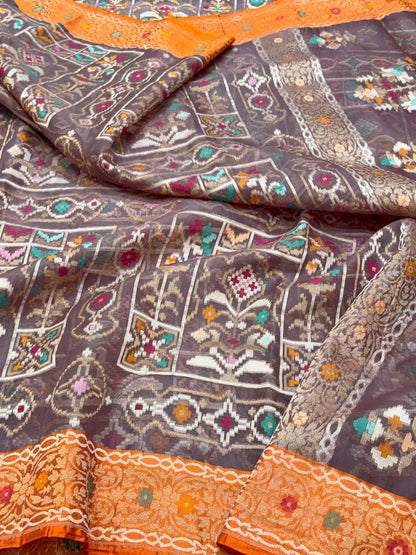 Elephant Gray Pure Mulberry Kora Organza Silk Ektara Jamdani Handloom Banarasi Saree - Contemporary Gharchola Heritage