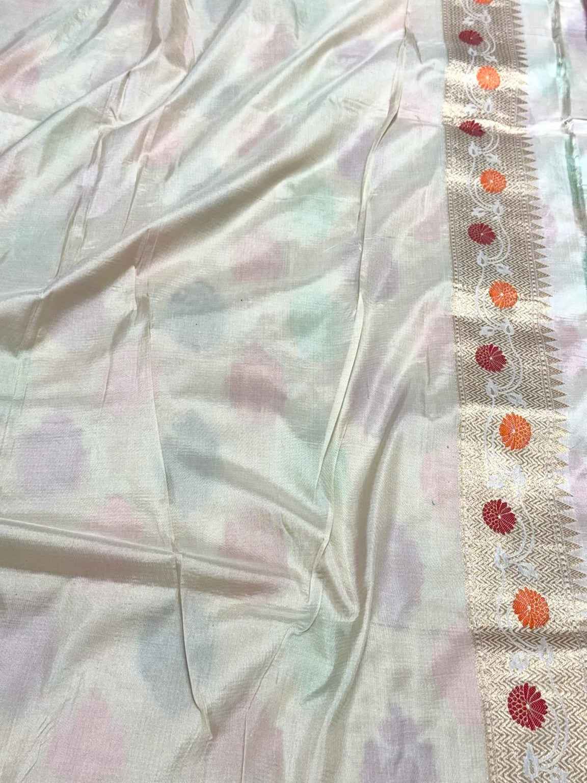 Ivory Pure Katan Silk - Pure Mulberry Silk Handloom Banarasi Saree