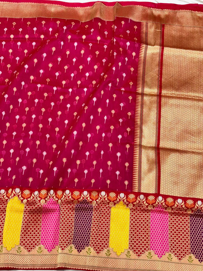 Raspberry Pink Pure Mulberry Kora Silk Handwoven Banarasi Saree | Kadhiyal Rangkaat style Border