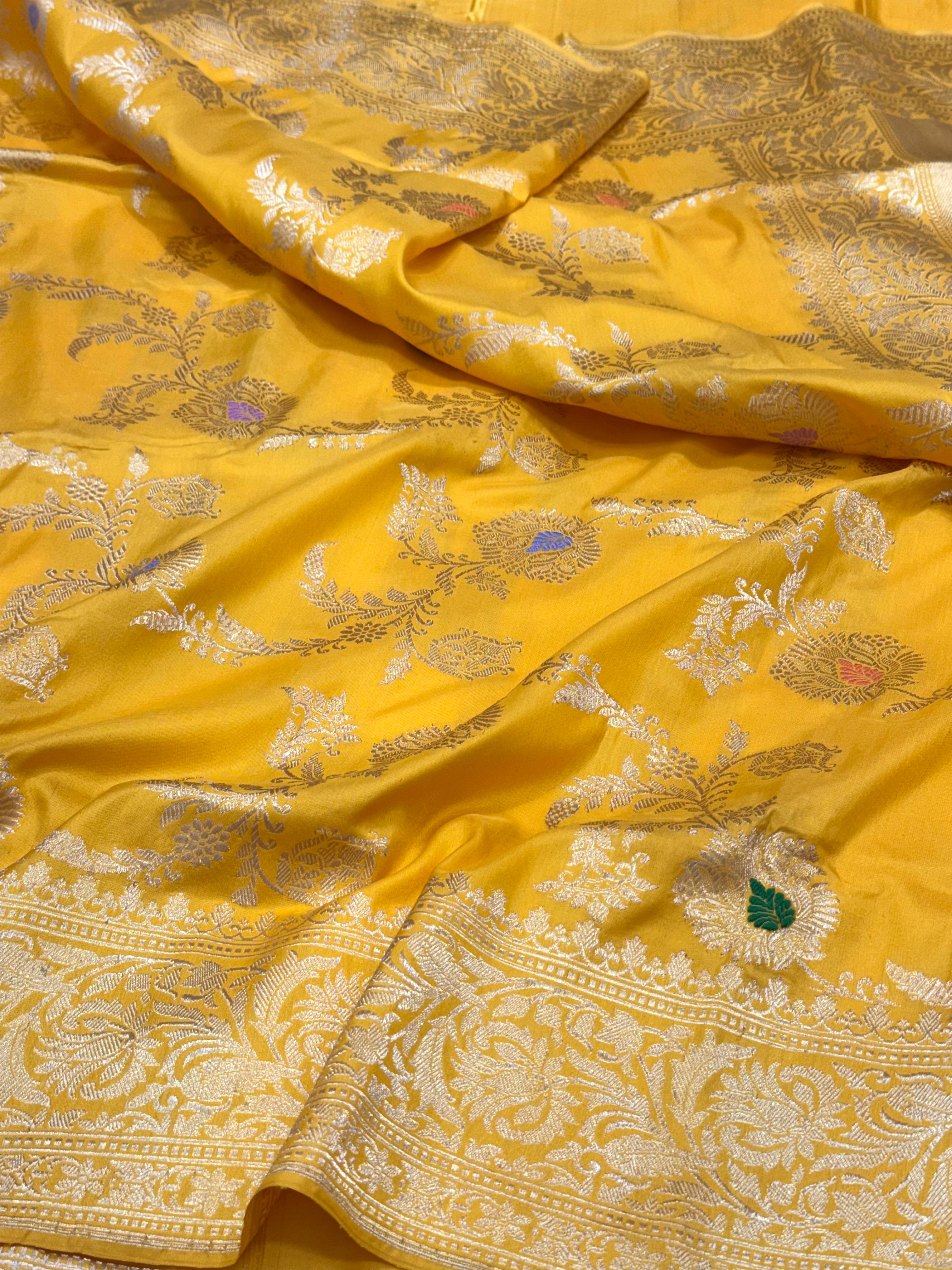 Yellow Pure Mulberry Katan Silk Handwoven Banarasi Saree