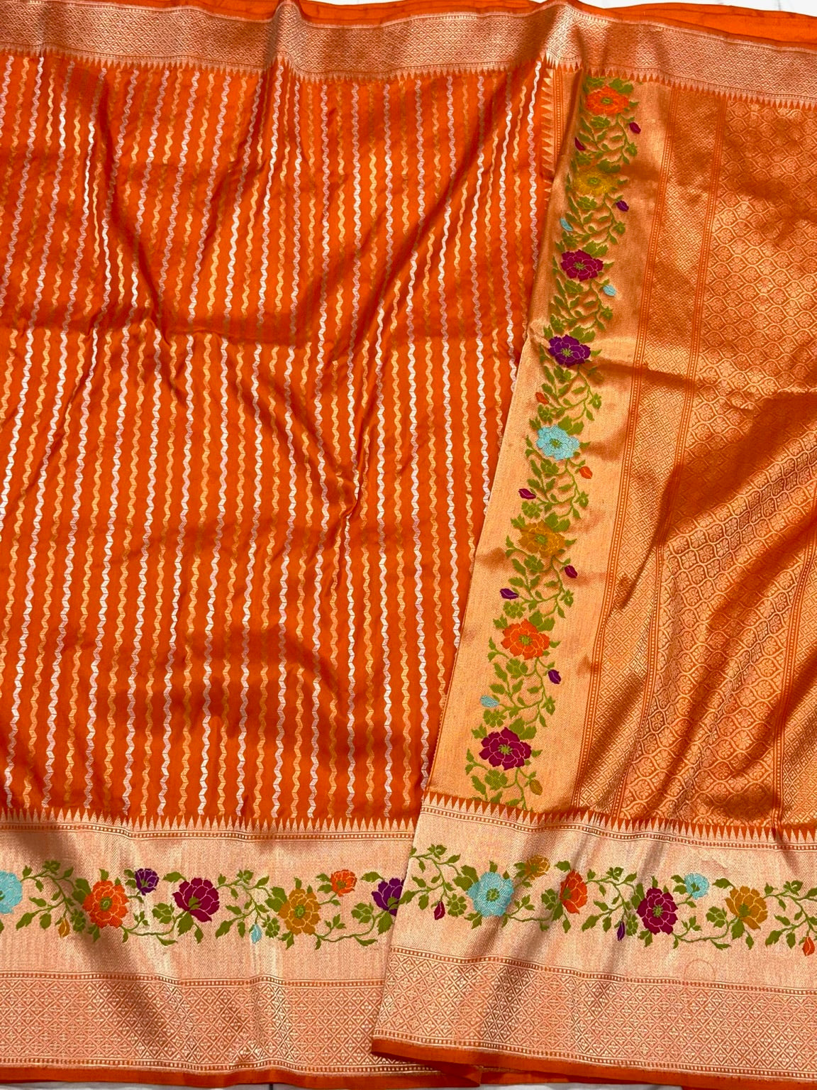 Orange Pure Katan Silk & Pure Mulberry Silk | Traditional Kadhwa Technique | Handwoven Banarasi Saree