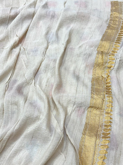 Ivory Pure Tussar Georgette Silk Kadhwa Technique Handwoven Banarasi Saree | Modern Banarasi Muse