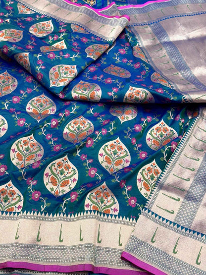 German Blue Pure Katan Silk & Pure Mulberry Silk Handloom Banarasi Saree