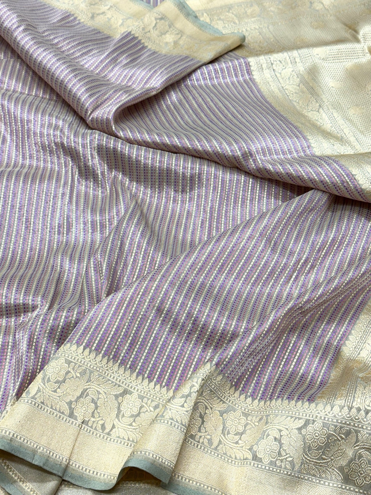 Ivory Pure Katan Tissue Handwoven Banarasi Saree