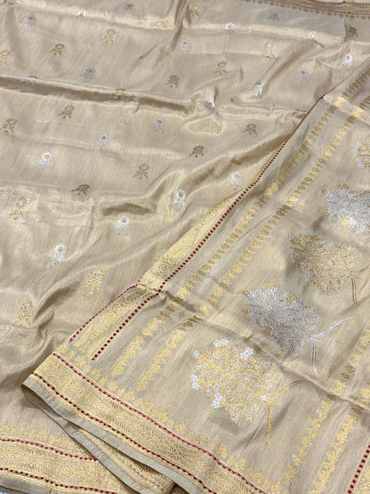 Ivory Pure Katan Tissue Silk Handwoven Banarasi Saree |Ektara Weave|