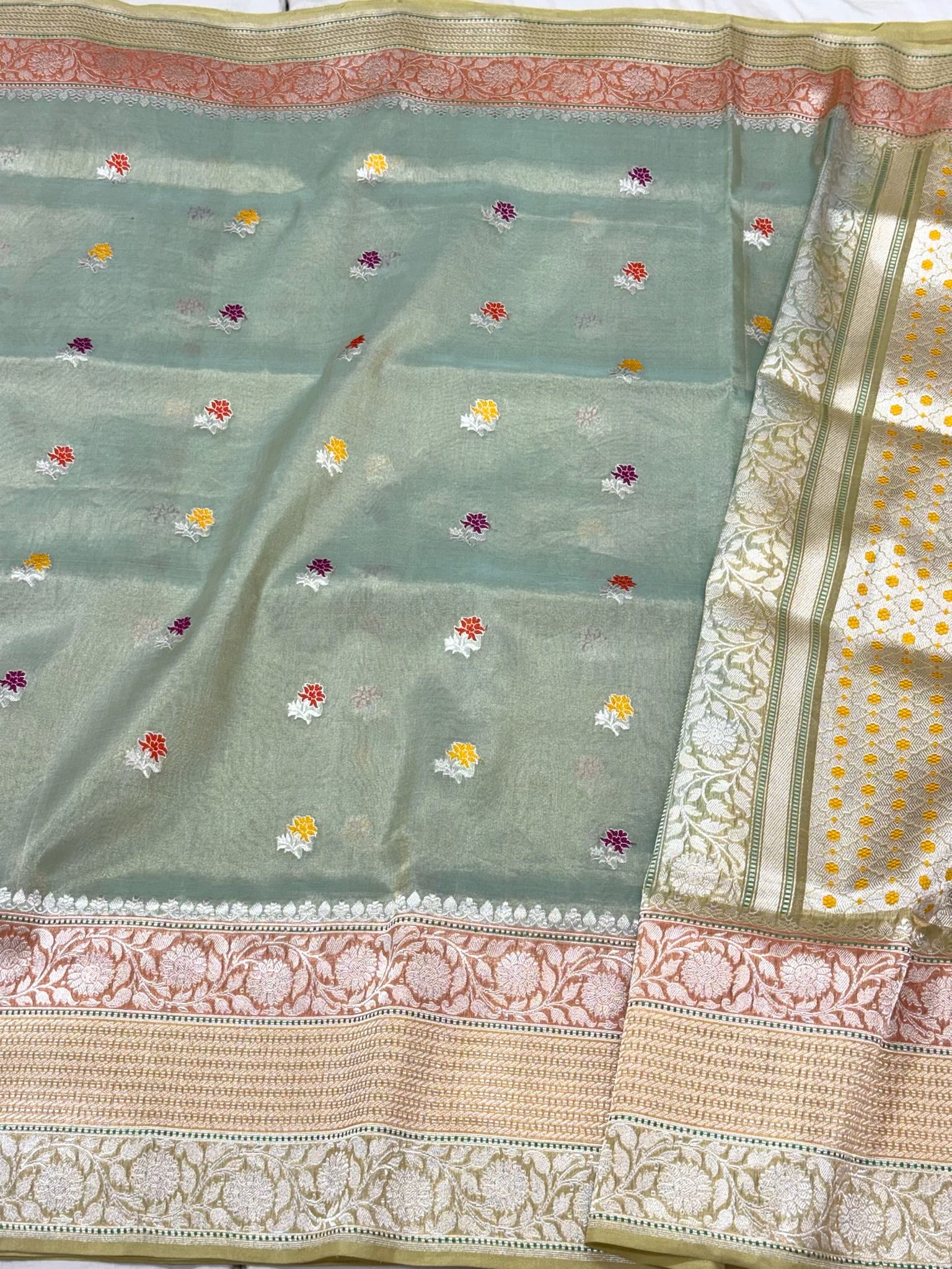 Aqua Green Handwoven | Kadhwa Technique | Banarasi Saree - Pure Kora Tissue Silk Banarasi Saree - The Luxury Drape