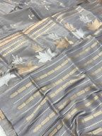 Gray Ektara Weave Katan Tissue Handwoven Banarasi Silk Saree