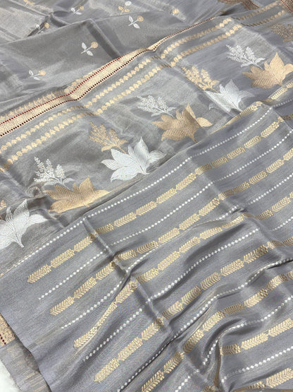 Gray Pure Katan Tissue Silk Handwoven Banarasi Saree |Ektara Weave|