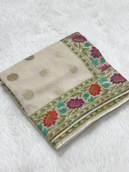 Ivory Pure Tussar Georgette Handwoven Banarasi Silk Saree