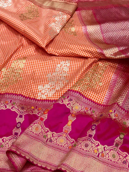 Orange Pure Katan Silk Handwoven Banarasi Saree - Pure Mulberry Silk | Kadhwa Technique | Contemporary Banarasi Saree
