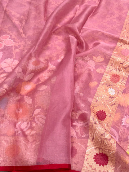 Pink Pure Mulberry Kora Silk | Ektara Technique | Jamdani Handloom Contemporary Banarasi Modern Saree