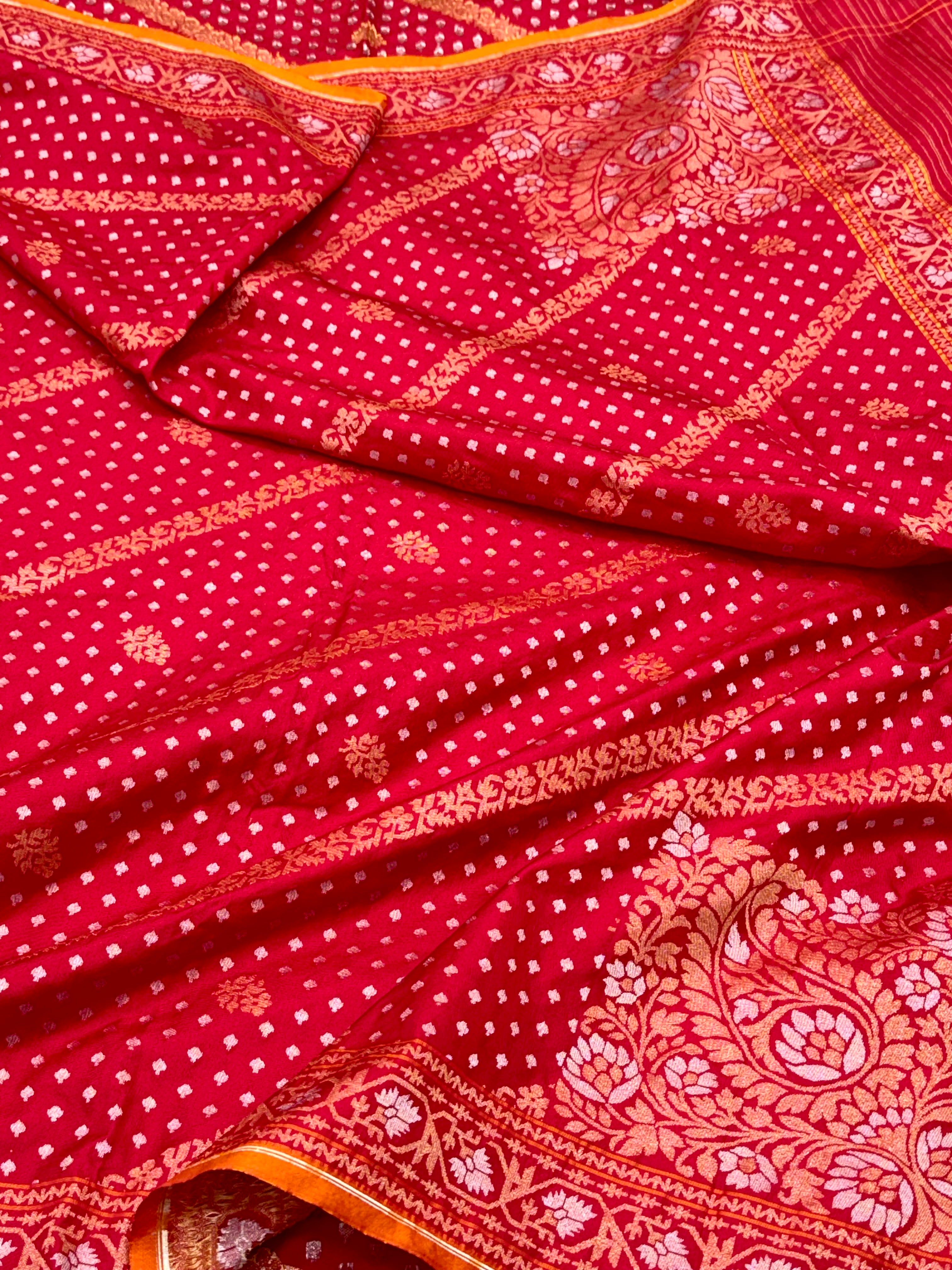Red Pure Double Katan Silk Handloom Jamdani Banarasi Saree- Ektara Weave